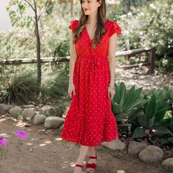 Old Navy Surplice Wrap Front Midi Dress Red Dots Size XXL NWT Tie Waist - Picture 2 of 13